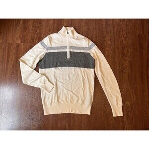 Kjus Mens Stripe Sweater Half Zip Size 50 | Medium White & Gray 100% Merino Wool